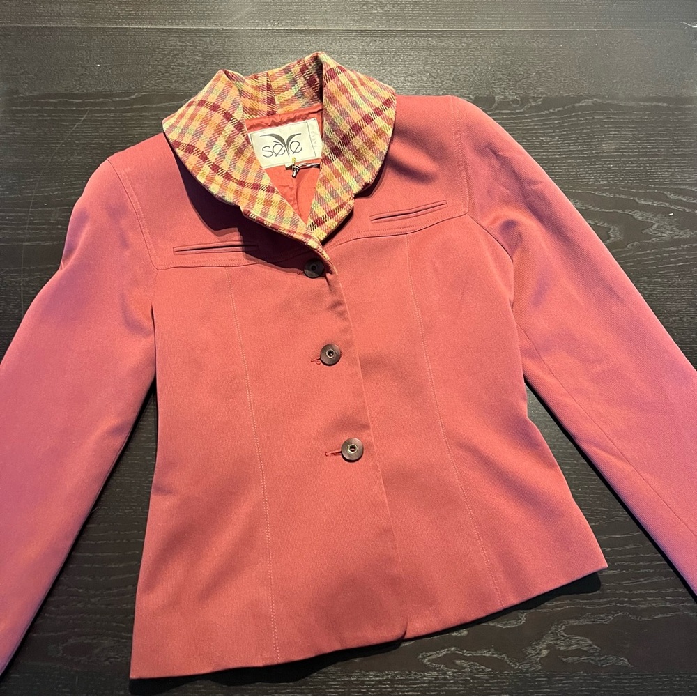 Vintage Rose Pink Button-Up Blazer with Plaid Collar